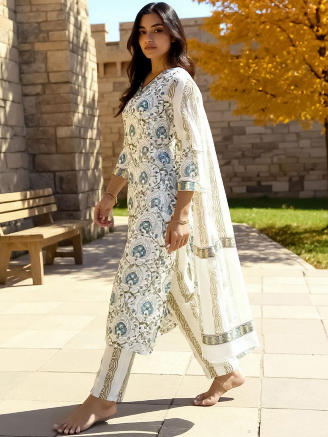 Women Ethnic Motifs Printed Cotton Kurta with Trousers & Dupatta