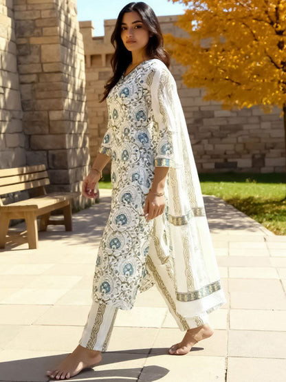 Women Ethnic Motifs Printed Cotton Kurta with Trousers & Dupatta