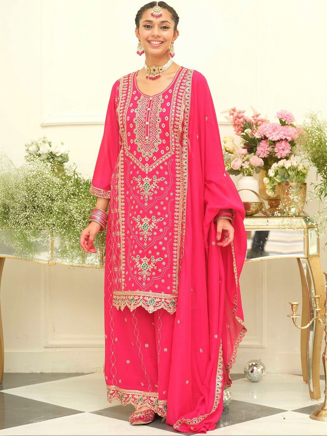 Indyancart IE Women Ethnic Motifs Embroidered Regular Thread Work Kurta with Palazzos & With Dupatta