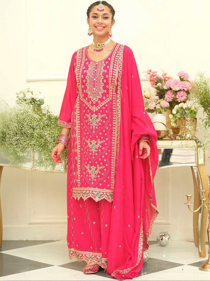 Indyancart IE Women Ethnic Motifs Embroidered Regular Thread Work Kurta with Palazzos & With Dupatta