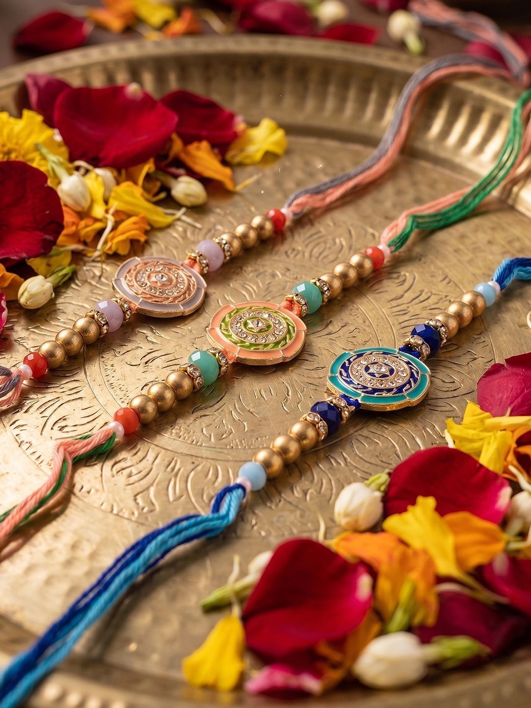 Anouk Set Of 3 Floral Design Multicolor Artificial Beads Thread Rakhi With Roli Chawal