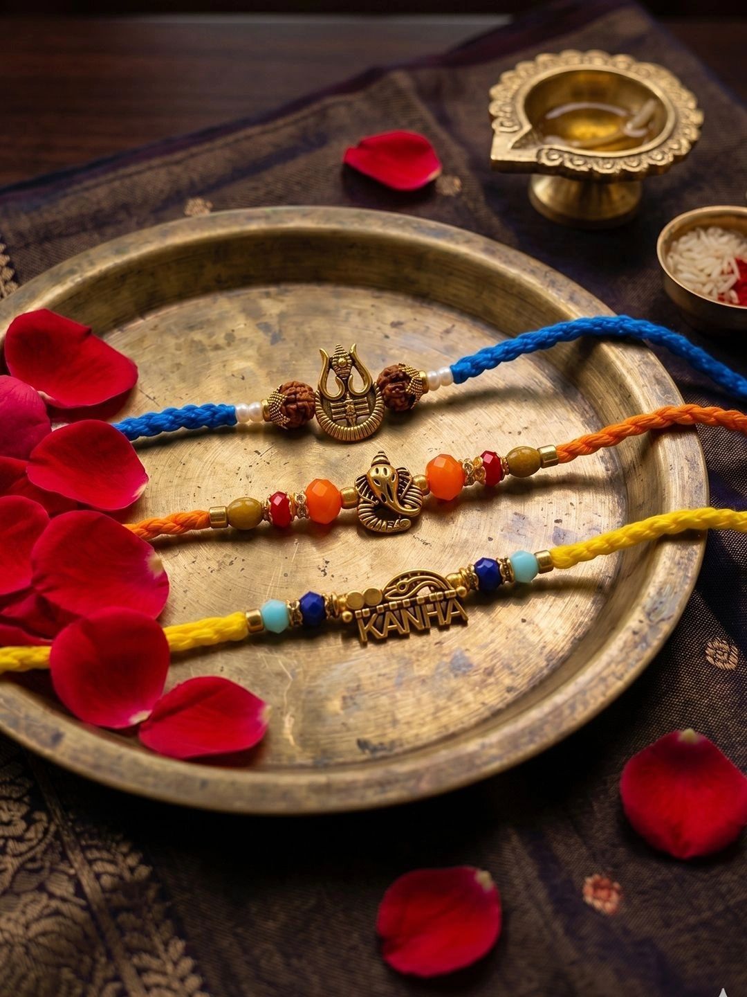 Anouk Set Of 3 Rudraksh Religious Rakhi Thread Rakhi Roli Chawal Chandan Mishri