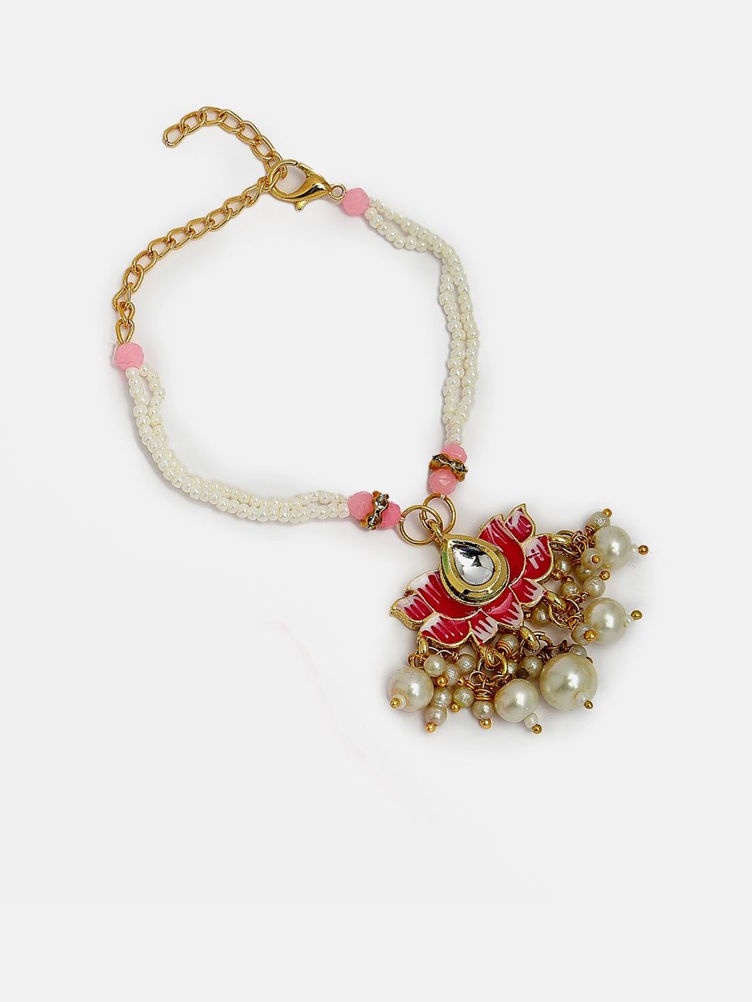 Anouk Unisex Set Of 2 Pink Lotus Shape Kundan-Studded & Beaded Wraparound Rakhi Set