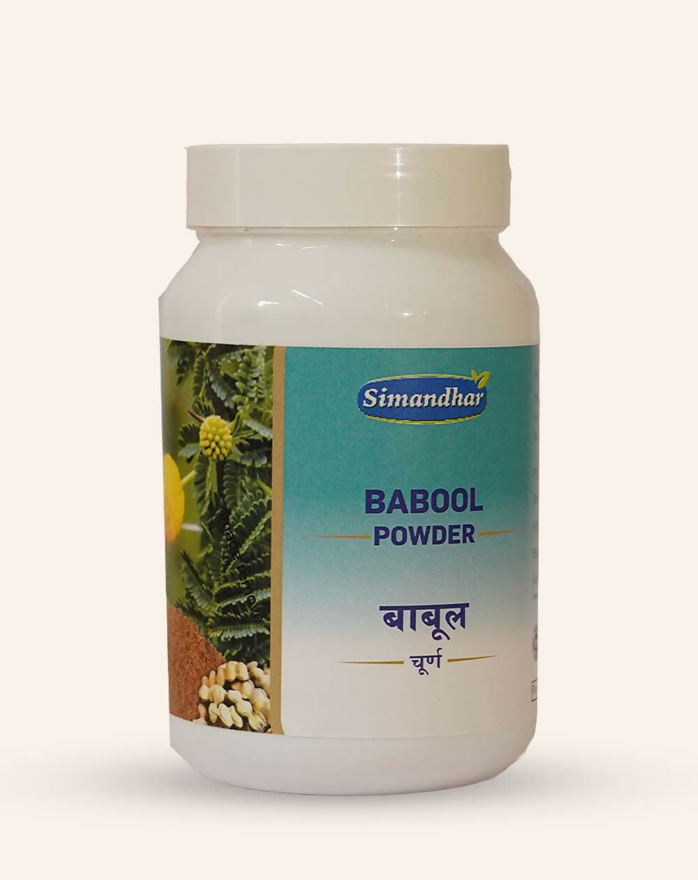 Simandhar Babool Powder Ayurvedic Churna in a glass jar with a wooden spoon, showcasing the natural powder texture.