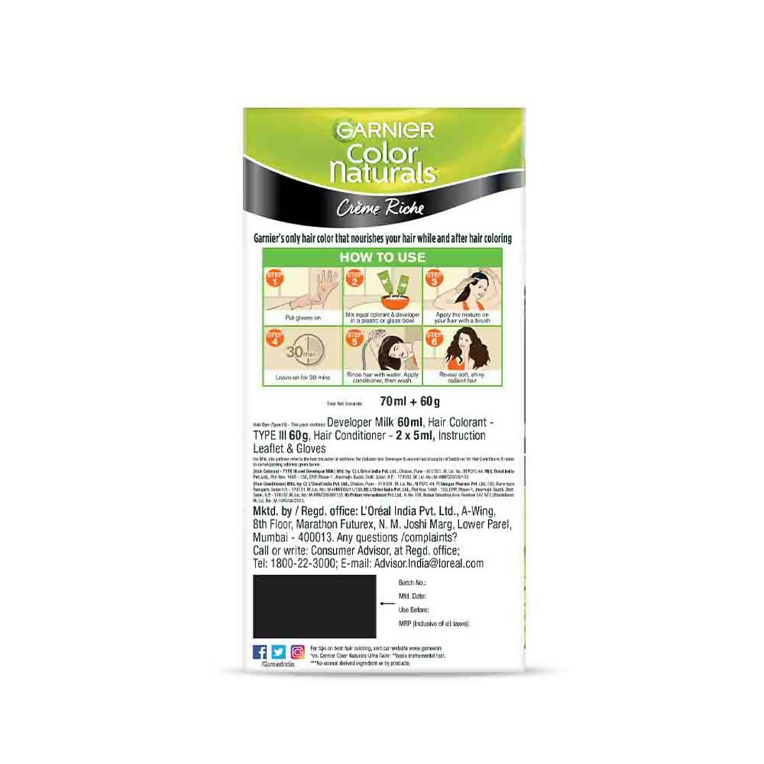 Garnier Color Naturals Creme Riche Hair Color in Shade 1 Natural Black, showing creamy hair dye formula in a tube.