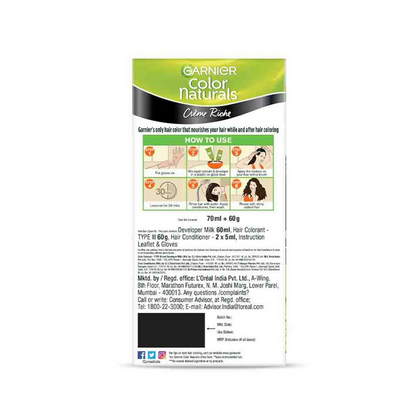 Garnier Color Naturals Creme Riche Hair Color in Shade 1 Natural Black, showing creamy hair dye formula in a tube.
