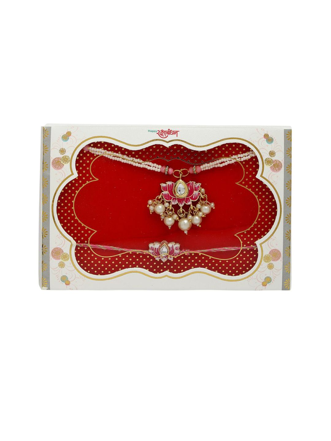 Anouk Unisex Set Of 2 Pink Lotus Shape Kundan-Studded & Beaded Wraparound Rakhi Set