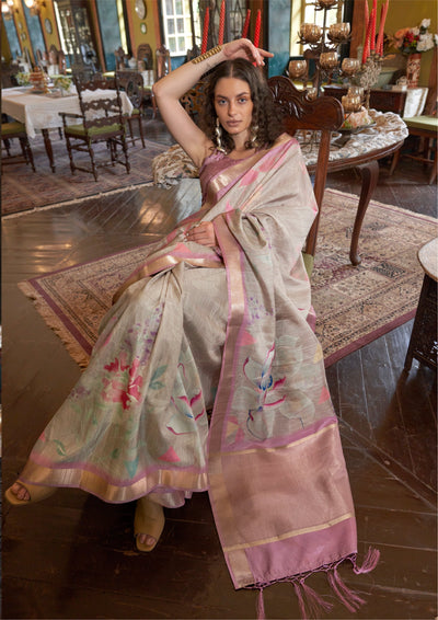 Indyancart GR Women's Dusty Lavender & Grey Banarasi Digital Soft Silk Saree