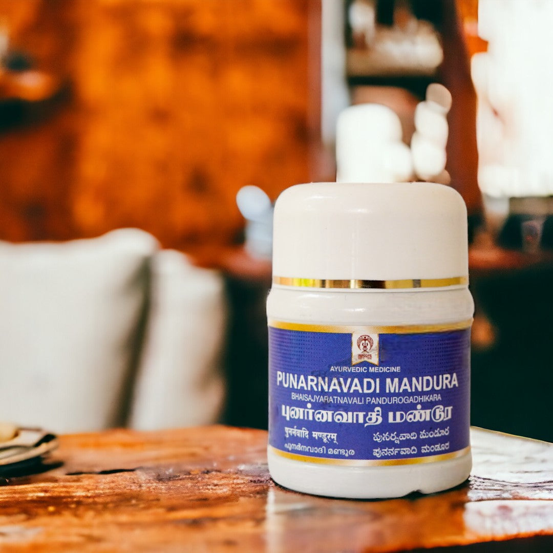 Impcops Punarnavadi Mandura Ayurvedic supplement in a glass container with herbal ingredients and traditional packaging.