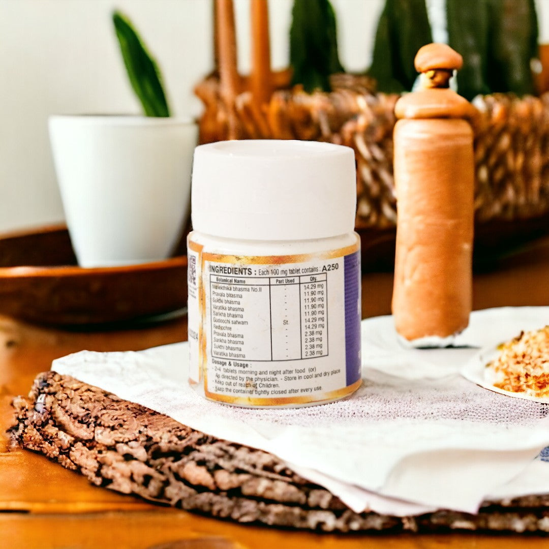 Impcops Kamadugha Rasa Ayurvedic supplement in a glass container with a traditional design, showcasing the natural herbal product.