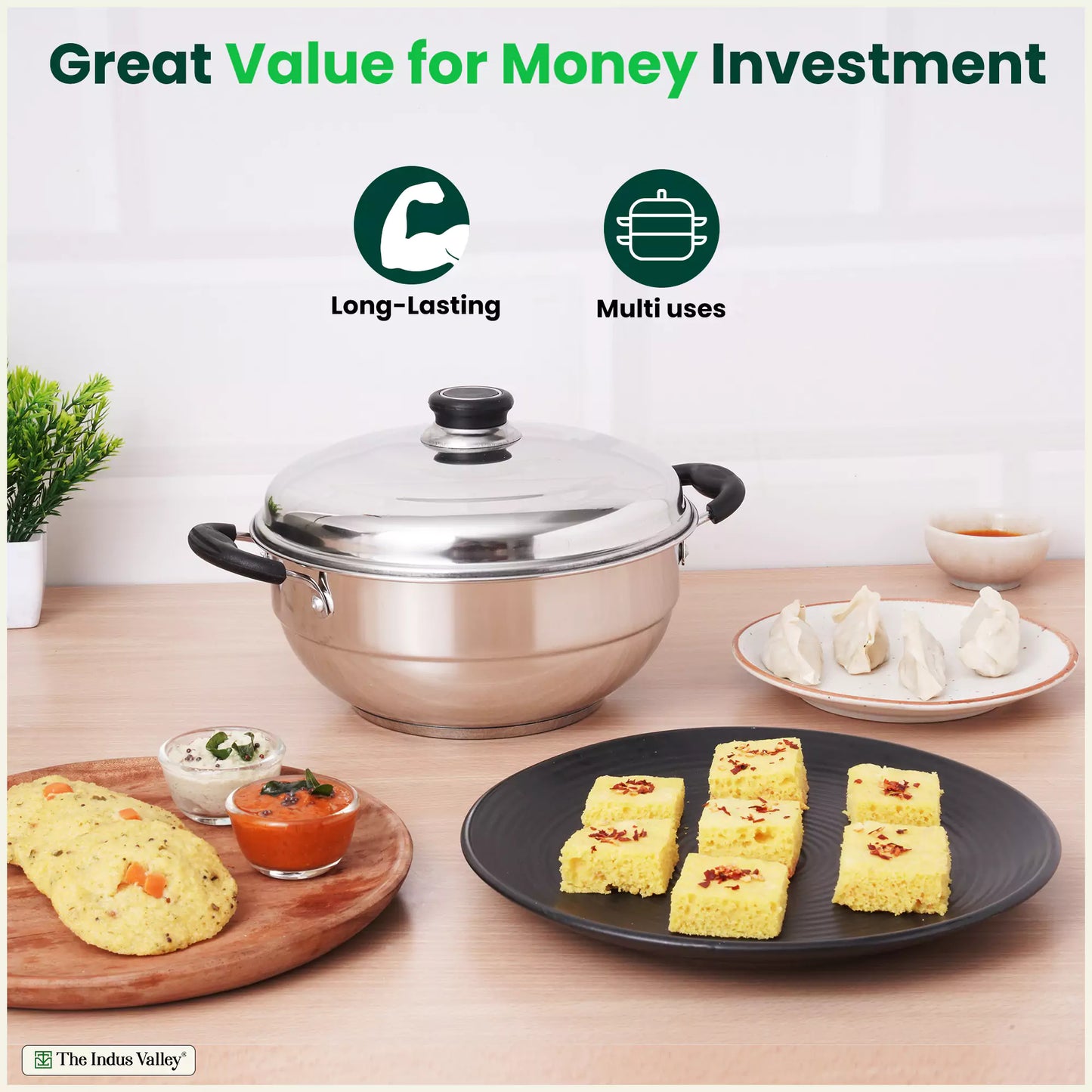 Indus Valley 8 Pit Tri-Steel Multi Pot Handi with stainless steel plates for steaming idli, dhokla, and momos, tri-ply induction base, 3L capacity
