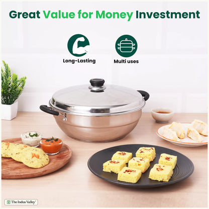 The Indus Valley 14 Pit Tri-Steel Multi Pot Handi with stainless steel construction, 5 plates, and tri-ply induction bottom for steaming.