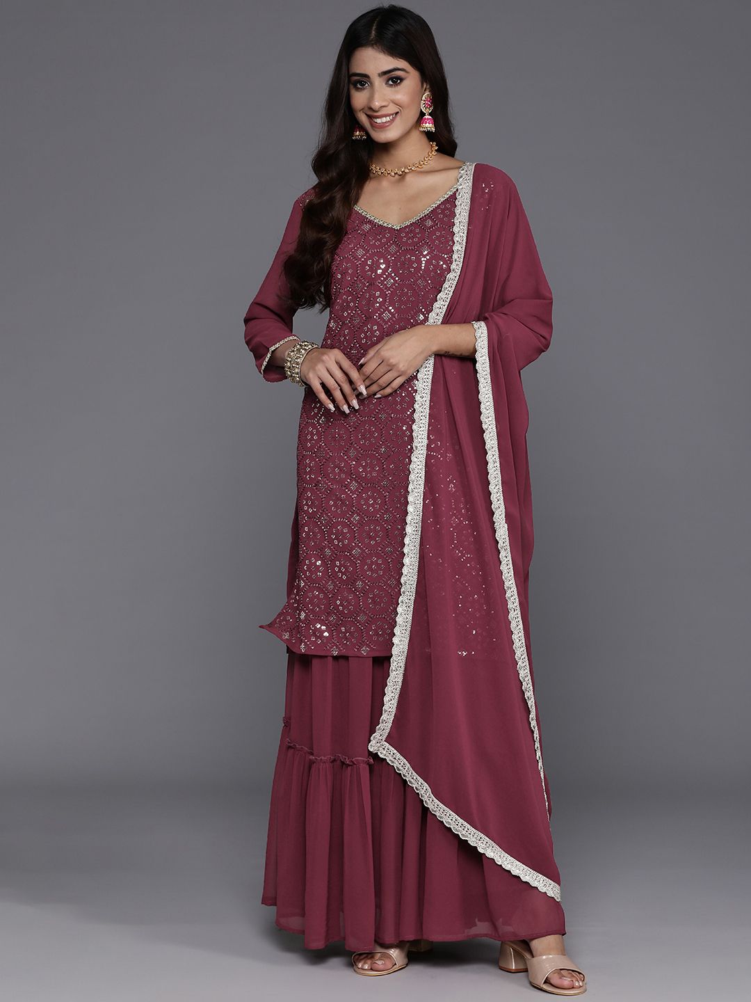 Indyancart IE Women Embroidered Straight Sequinned Kurta with Sharara & With Dupatta