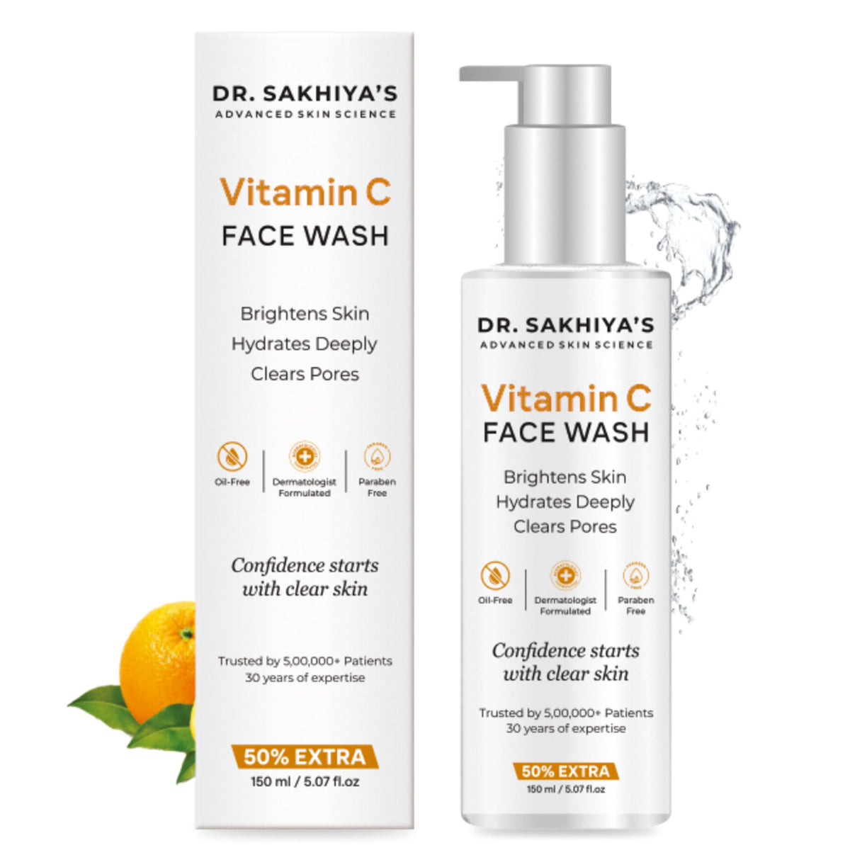Dr. Sakhiya Vitamin C Face Wash with brightening and antioxidant properties, featuring a clear gel formula and a pump dispenser.