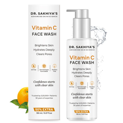 Dr. Sakhiya Vitamin C Face Wash with brightening and antioxidant properties, featuring a clear gel formula and a pump dispenser.