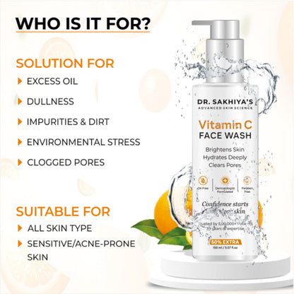 Dr. Sakhiya Vitamin C face wash bottle with brightening and antioxidant-rich formula for daily glowing skin.