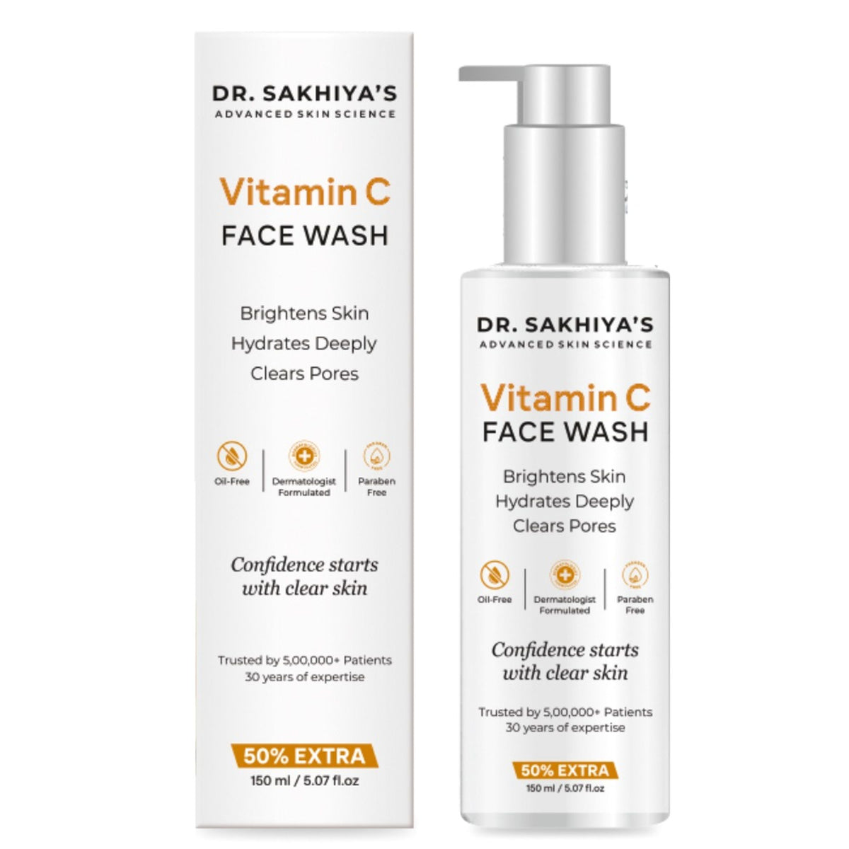 Dr. Sakhiya Vitamin C Face Wash with glowing and brightening formula, featuring antioxidants, in a clear pump bottle.