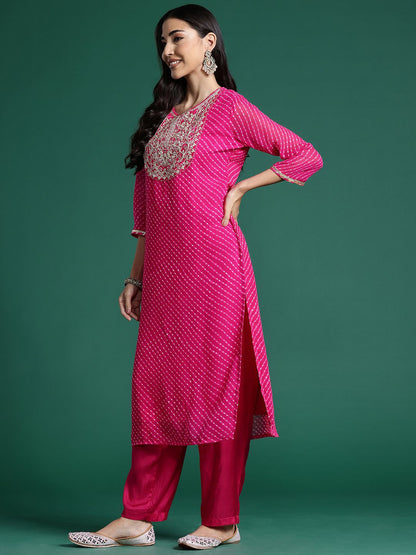 Indyancart IE Leheriya Printed Zari Kurta With Trousers & Dupatta