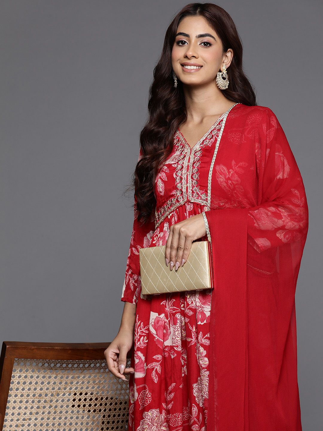Indyancart VA Women's Floral Printed Sequinned Pure Silk Kurta with Trousers & With Dupatta