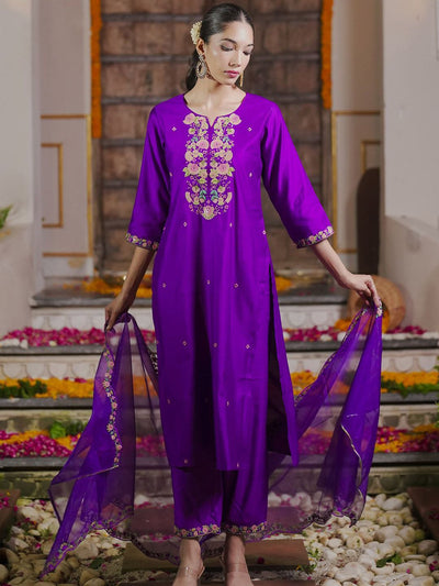 Indyancart IE Floral Embroidered Sequinned Liva Kurta With Trousers & Dupatta