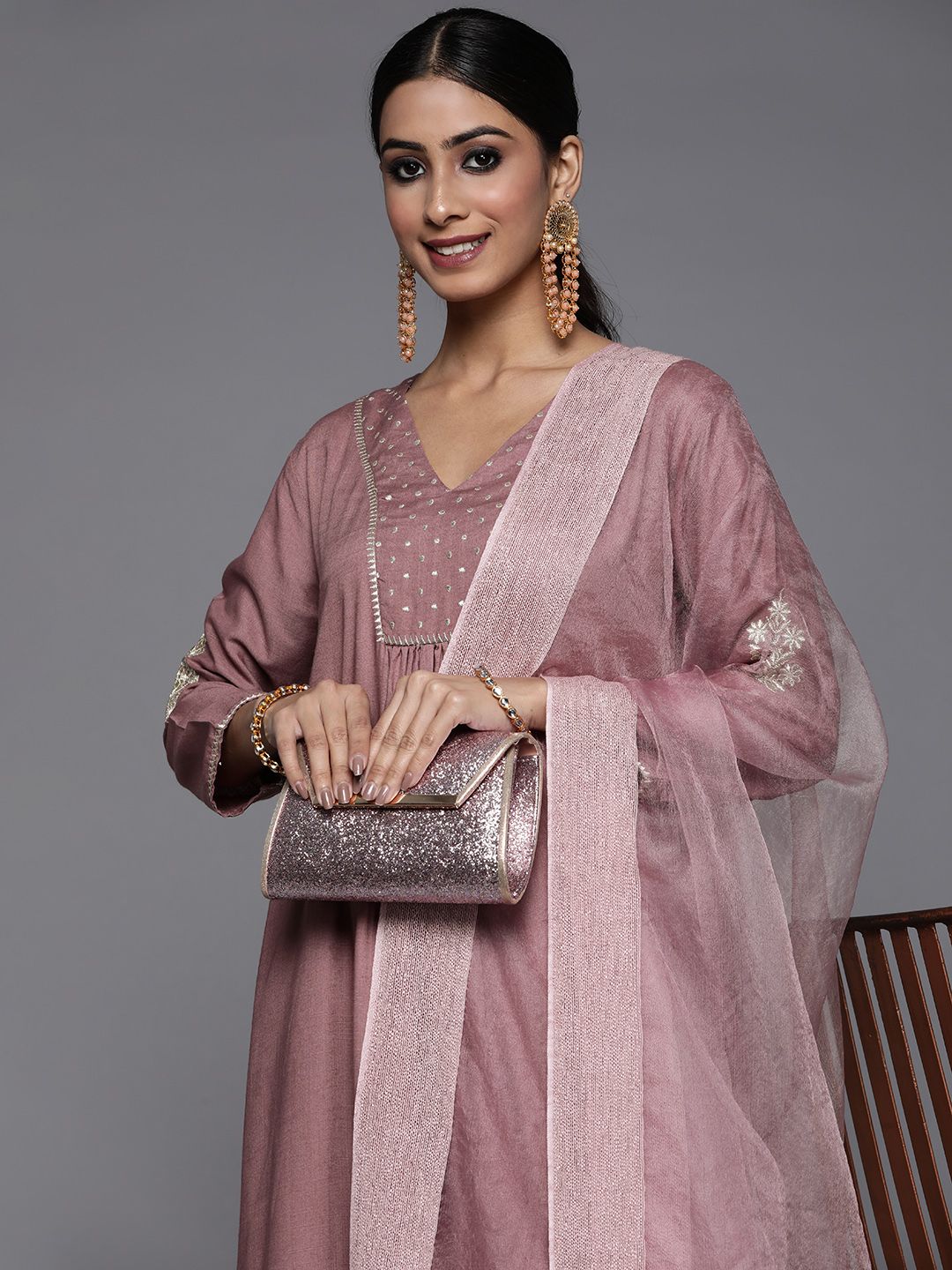 Indyancart VA Women's Mauve Embroidered Kurta with Palazzos & With Dupatta