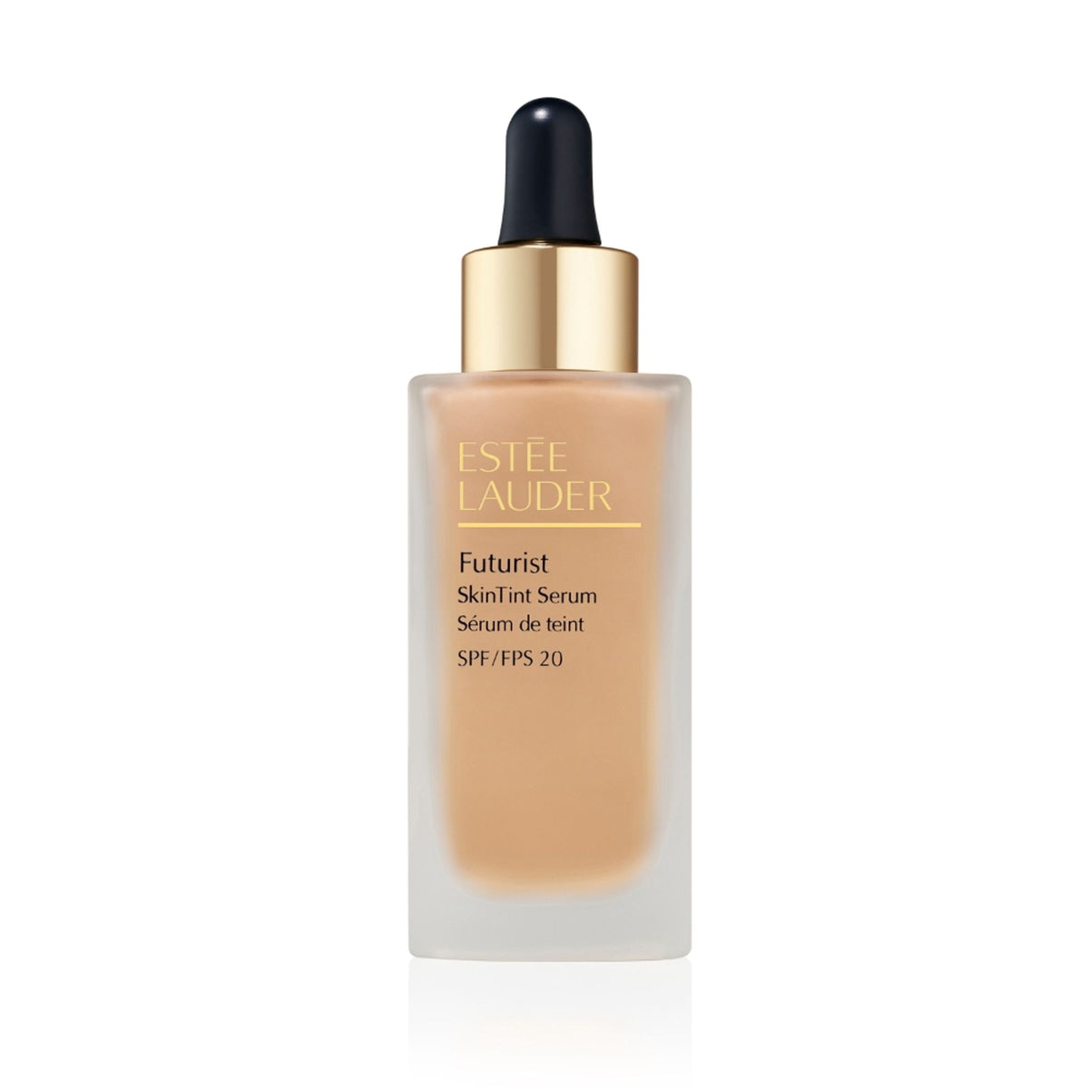 Estee Lauder Futurist Skin Tint Serum SPF 20 in Desert Beige, showing the product bottle and applicator.