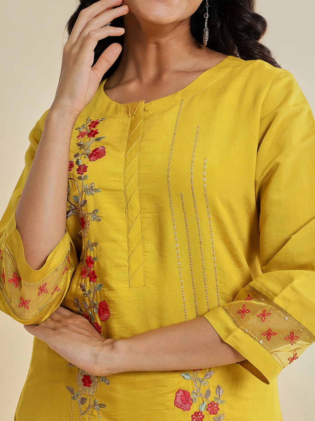 Indyancart VA Women'sYellow Floral Embroidered Sequinned Kurta With Trousers & Dupatta
