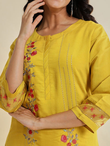 Indyancart VA Women'sYellow Floral Embroidered Sequinned Kurta With Trousers & Dupatta
