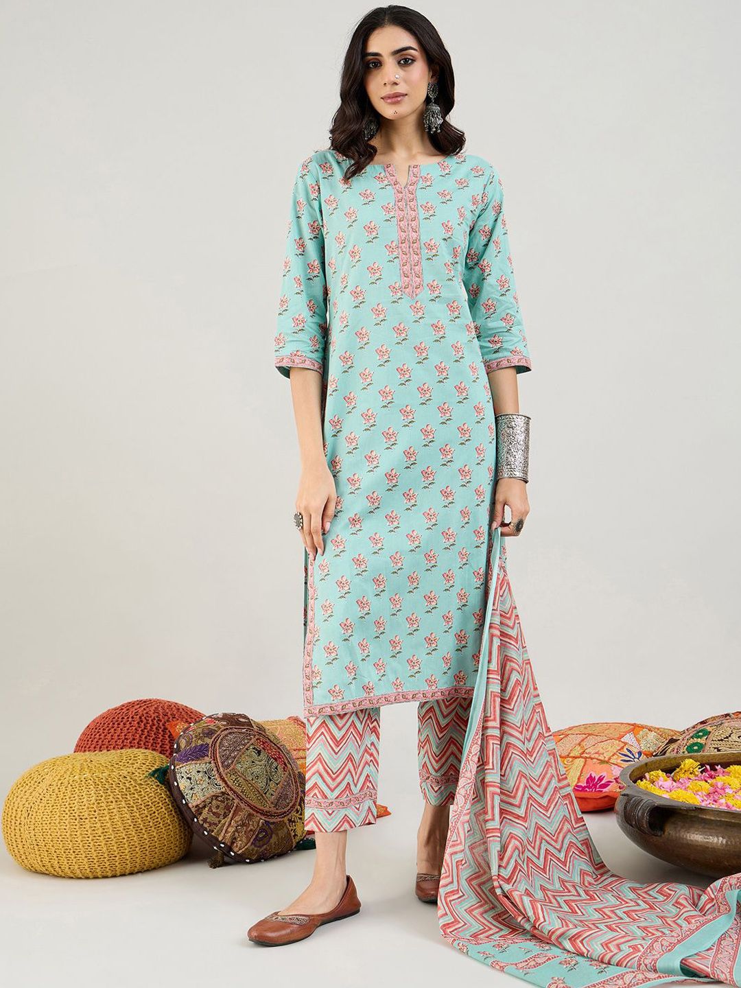 Indyancart IE Blue Floral Printed Notch Neck Pure Cotton Straight Kurta with Trousers & Dupatta