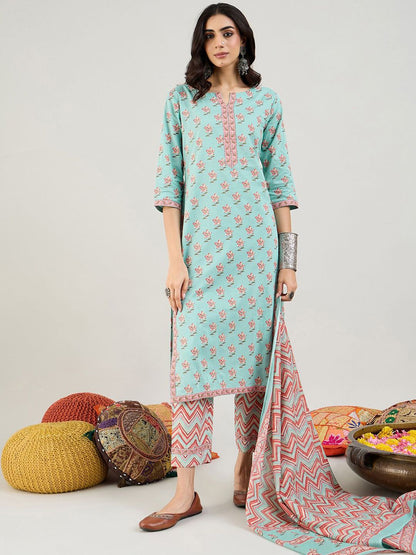 Indyancart IE Blue Floral Printed Notch Neck Pure Cotton Straight Kurta with Trousers & Dupatta
