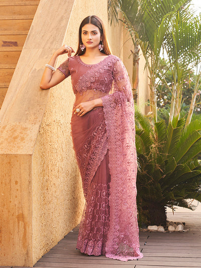 Indyancart TI Women's Mauve Colored Net Embroidered Saree with Faux Diamonds with Unstitched Blouse
