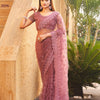 Dhiyona TI Women's Mauve Colored Net Embroidered Saree with Faux Diamonds with Unstitched Blouse