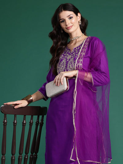 Indyancart IE Ethnic Motifs Embroidered Regular Liva Kurta with Trousers & Dupatta