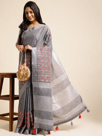Indyancart GR Women's CT Grey Cotton Linen Silk Embroidered Saree