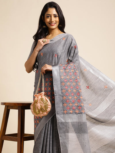 Indyancart GR Women's CT Grey Cotton Linen Silk Embroidered Saree