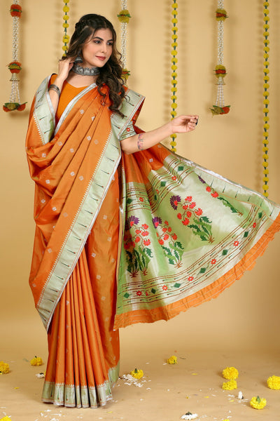 Indyancart GR Women's Mastani 2 Mustard Zari Paithani Silk Saree