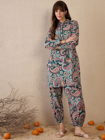 Indyancart IE Printed Shirt Collar Pure Cotton Straight Tunic With Trouser