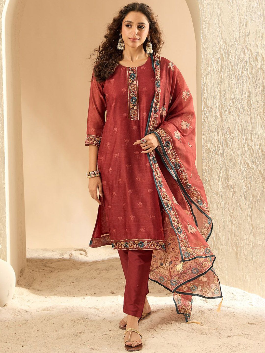 Indyancart IE Women Embroidered Regular Thread Work Chanderi Silk Kurta Trousers Dupatta
