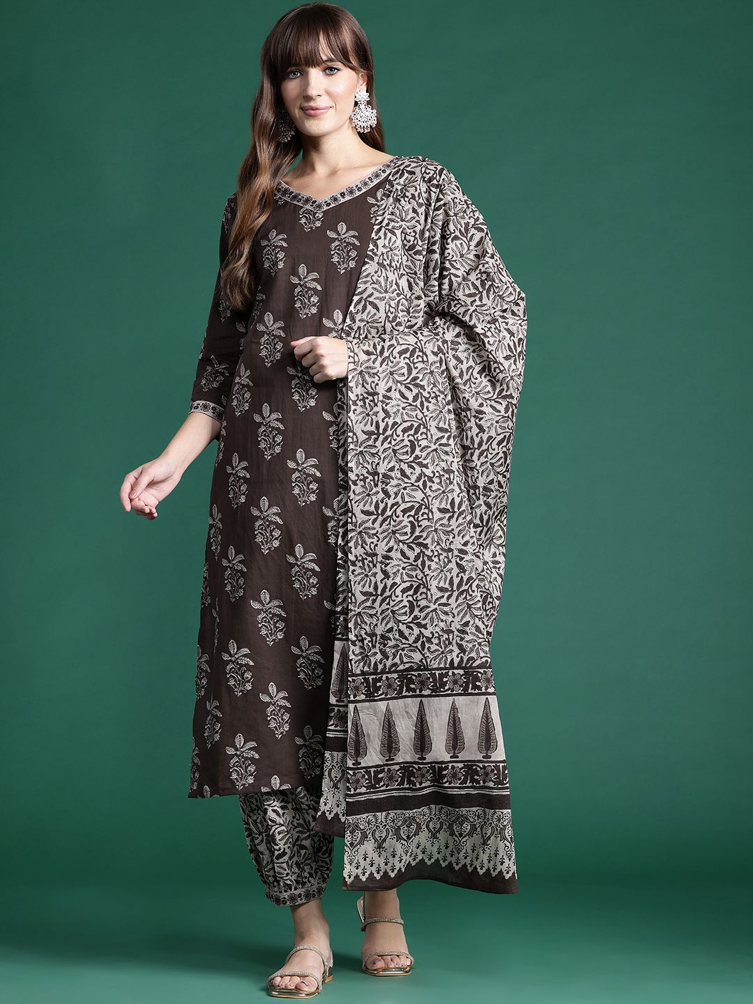 Indyancart IE Floral Printed Pure Cotton Kurta With Salwar & Dupatta