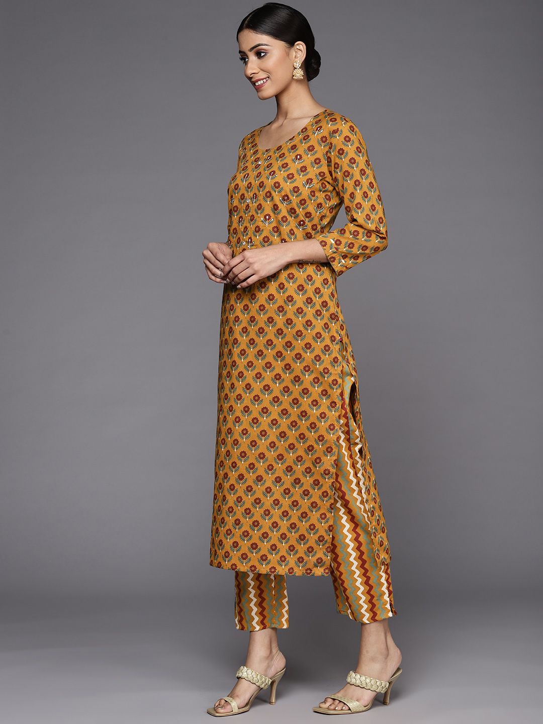 Indyancart VA Women's Mustard Yellow Ethnic Motifs Printed Pure Cotton Kurta with Trousers & With Dupatta