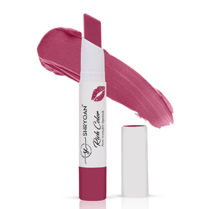 Shryoan Rich Color Non-Transfer Long Stay Creamy Lipstick in Grape Fruit 15 and Mud Cake 01 shades, featuring smooth, vibrant lipstick swatches.