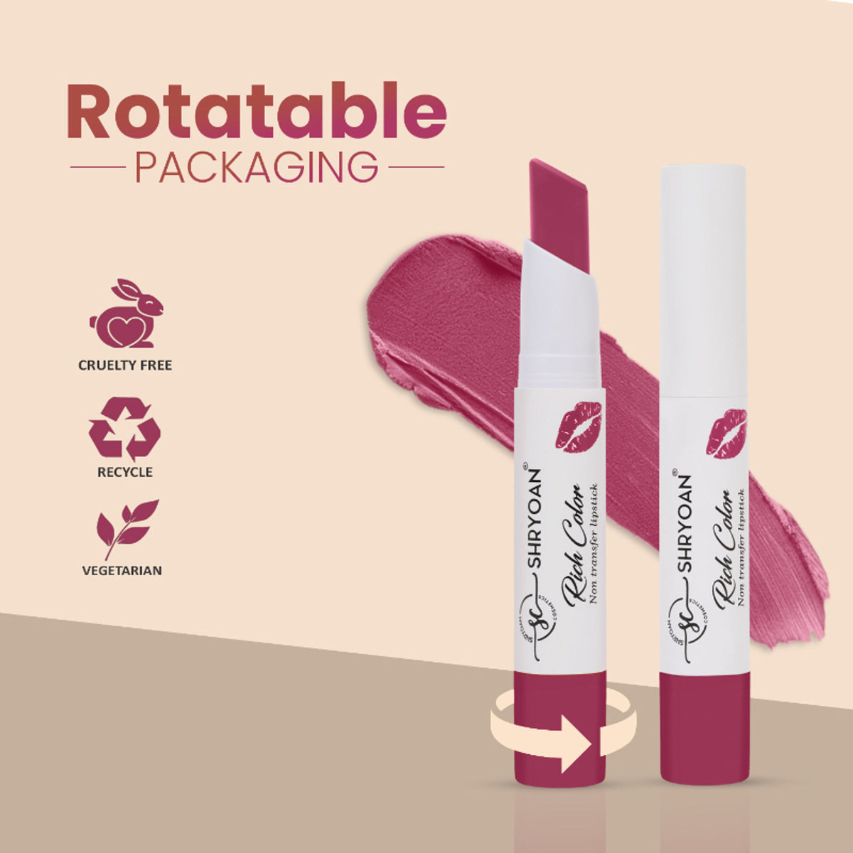 Shryoan Long Stay Creamy Lipstick in Grape Fruit 15 and Mud Cake 01, vibrant shades with a smooth, non-transfer formula.