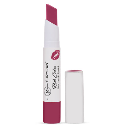 Shryoan Rich Color Non-Transfer Long Stay Creamy Lipstick in Grape Fruit 15 and Mud Cake 01 shades, displayed on a neutral background.
