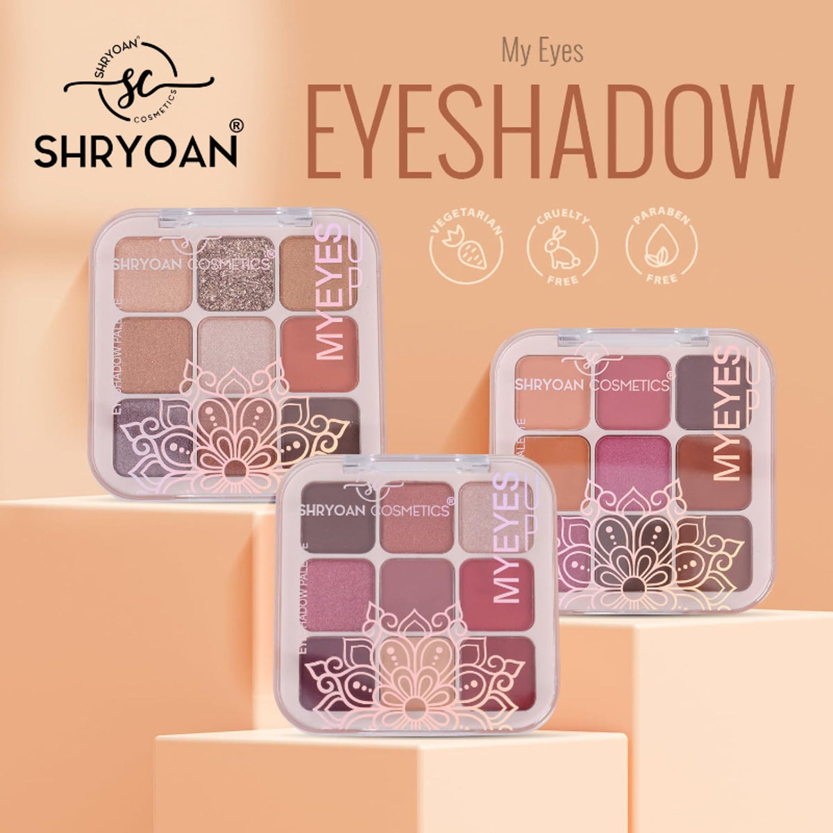 Shryoan Long Lasting My Eyes Up Matte & Shimmer Eyeshadow Palette with 3 shades, featuring neutral and shimmering eye colors.
