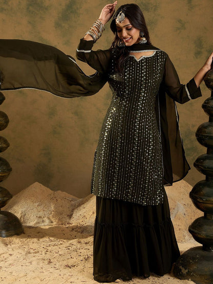 Indyancart IE Women Ethnic Motifs Embroidered Regular Sequinned Kurta with Sharara & With Dupatta