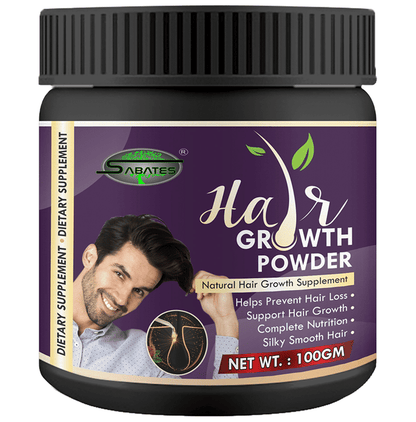 Sabates Ayurvedic Hair Growth Powder in a jar, featuring natural herbal powder for promoting healthy hair growth.