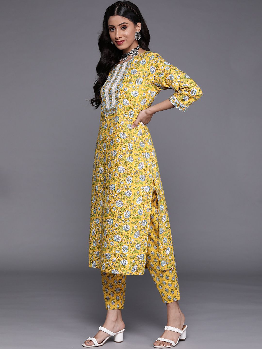 Indyancart VA Women's Yellow Floral Printed Pure Cotton Kurta with Trousers & With Dupatta