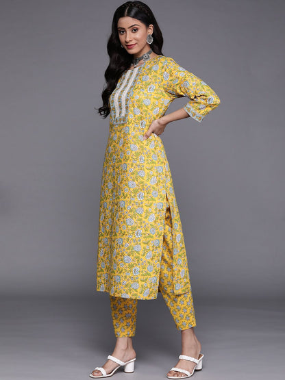 Indyancart VA Women's Yellow Floral Printed Pure Cotton Kurta with Trousers & With Dupatta