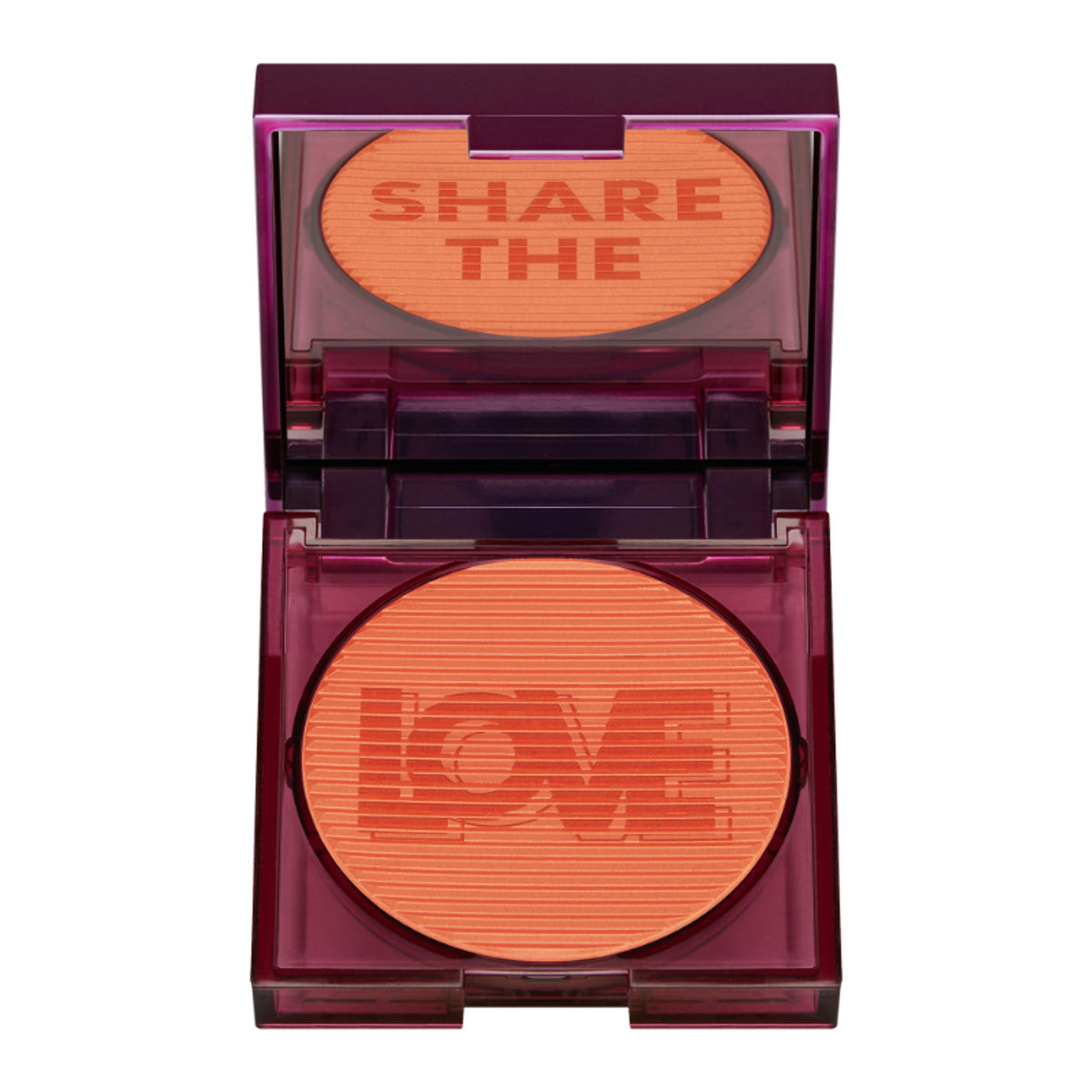 Huda Beauty Lovefest Cream Blush in Tosted Tangerine, featuring a vibrant orange cream blush in a compact container.