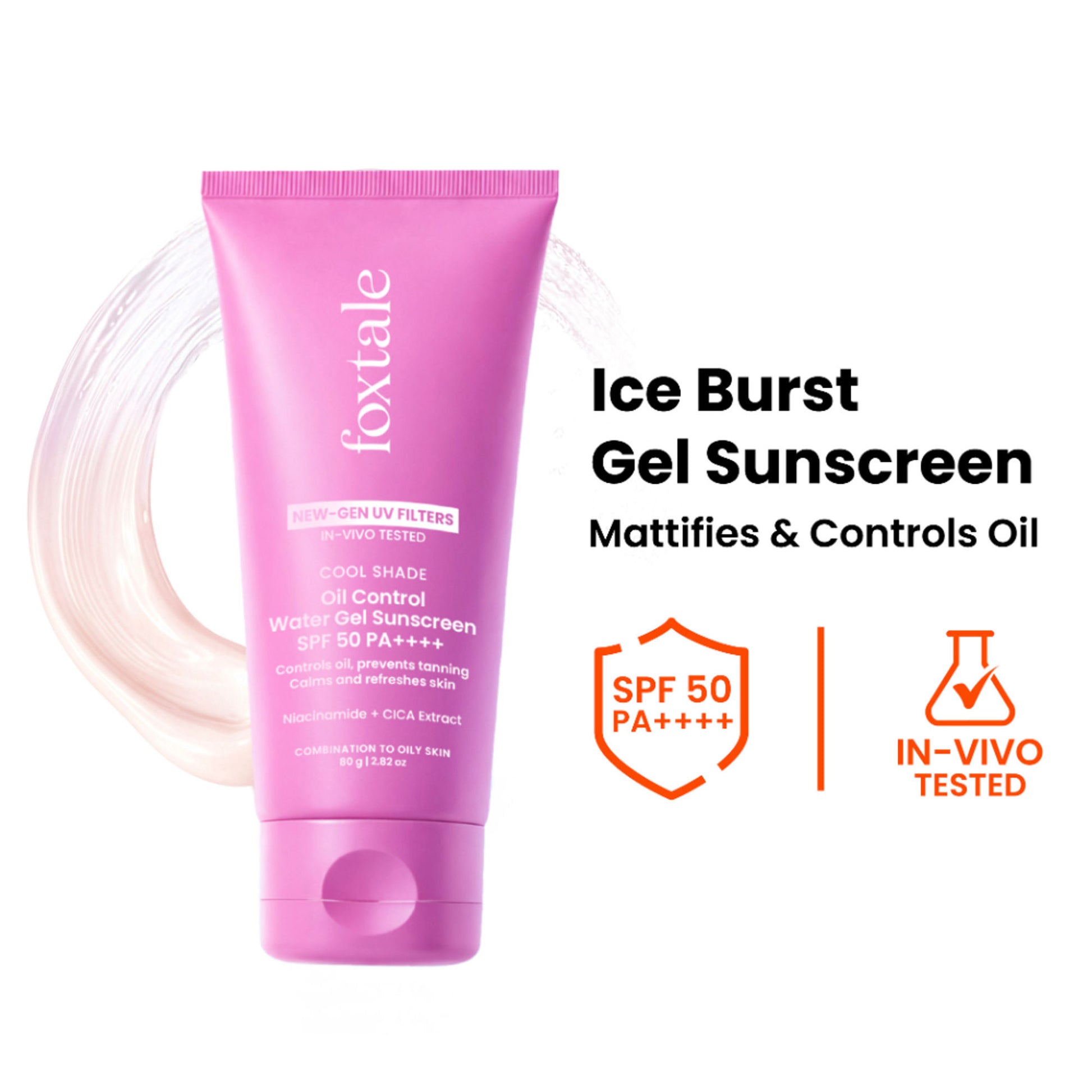 Foxtale SPF 50 Ice-Burst Gel Sunscreen for Oily Skin, In-Vivo Tested PA++++, Lightweight, Matte Skin